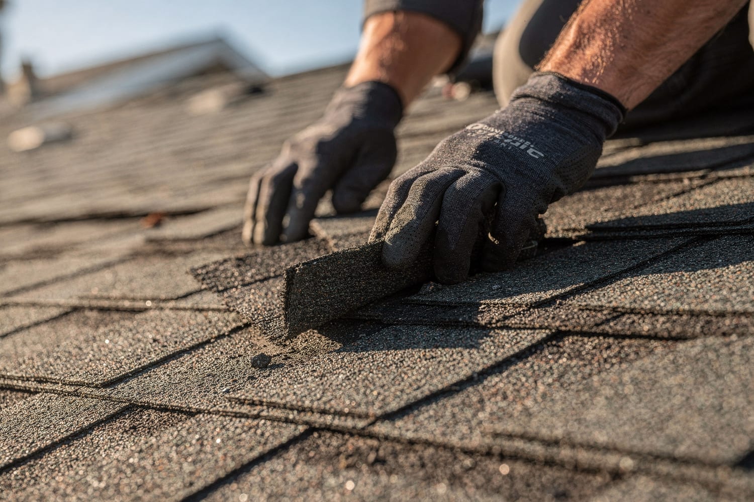 A roofer's gloved hands setting a clean row of asphalt shingles in bright daylight