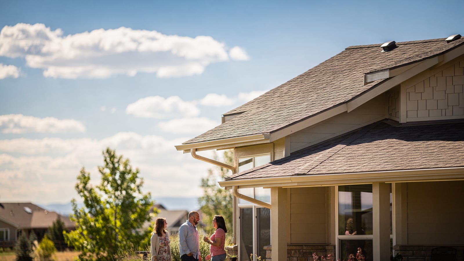 A clean asphalt-shingle roofline on a Centennial home under an open Colorado sky